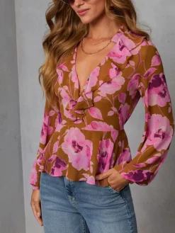 Blouse lichtbruin/paars