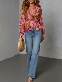 Blouse lichtbruin/paars