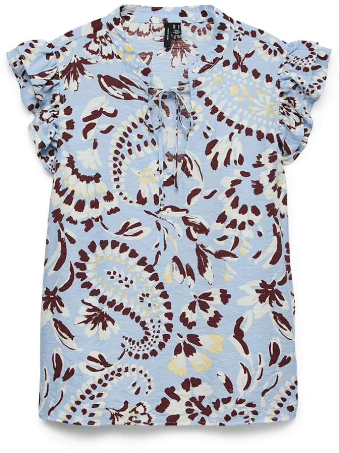 Blousetop lichtblauw/bruin