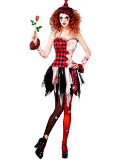 3-delig kostuum "HORROR HARLEKIN MEISJE" rood/zwart/wit
