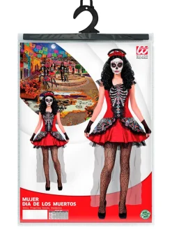 3-delig kostuum "MUJER DIA DE LOS MUERTOS" rood/meerkleurig