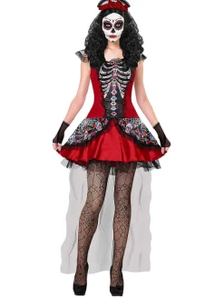 3-delig kostuum "MUJER DIA DE LOS MUERTOS" rood/meerkleurig