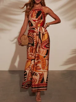 Jumpsuit camel/rood