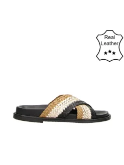 Leren pantoffels beige/zwart