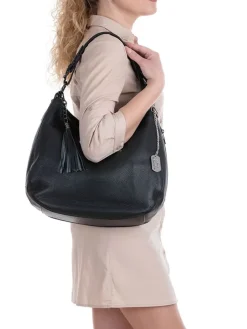 Leren schoudertas "Paolanna" zwart - (B)34 x (H)32 x (D)14 cm