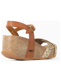 Leren sleehaksandalen camel/goudkleurig
