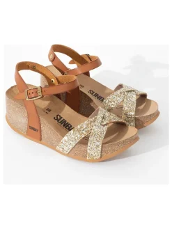 Leren sleehaksandalen camel/goudkleurig