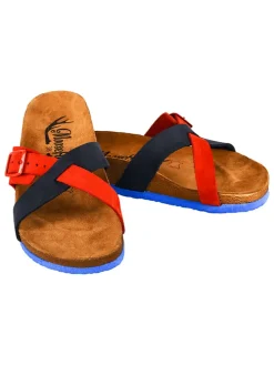 Leren slippers donkerblauw/rood