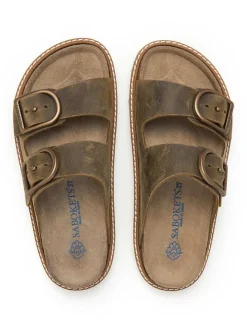 Leren slippers kaki