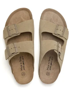 Leren slippers kaki
