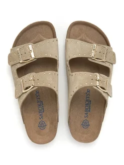 Leren slippers kaki