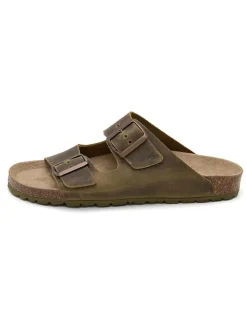 Leren slippers kaki