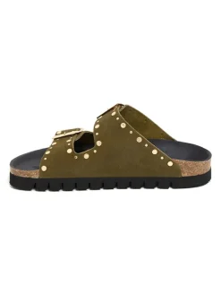 Leren slippers kaki