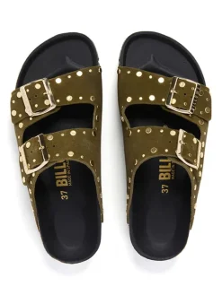 Leren slippers kaki