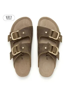 Leren slippers kaki