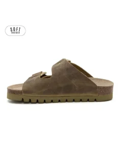 Leren slippers kaki