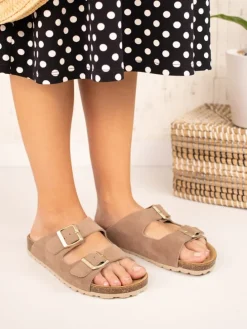 Leren slippers taupe