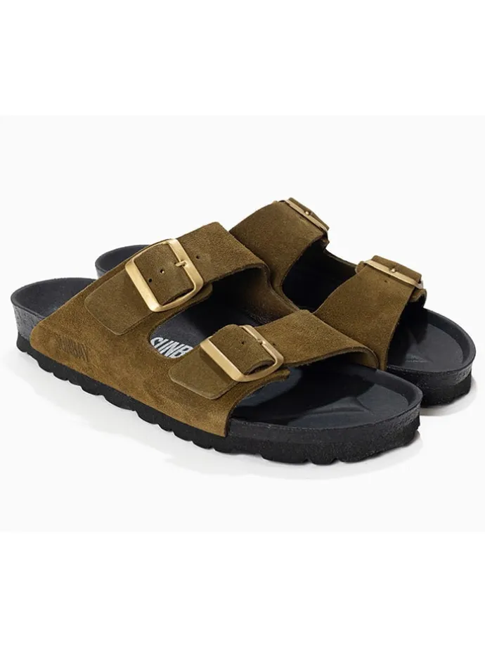 Leren slippers "Trefle" kaki