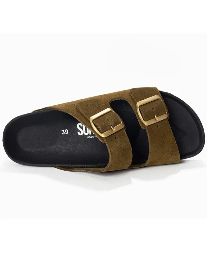 Leren slippers "Trefle" kaki