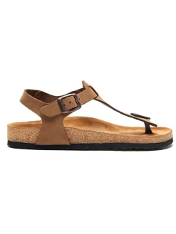 Leren teensandalen zandkleurig