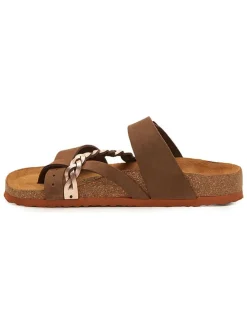 Leren teenslippers goudkleurig/bruin