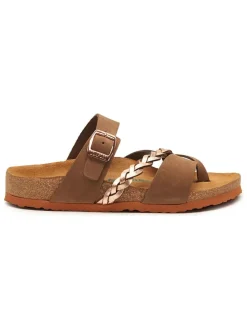 Leren teenslippers goudkleurig/bruin