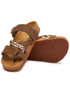 Leren teenslippers goudkleurig/bruin