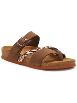 Leren teenslippers goudkleurig/bruin