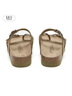 Leren teenslippers kaki