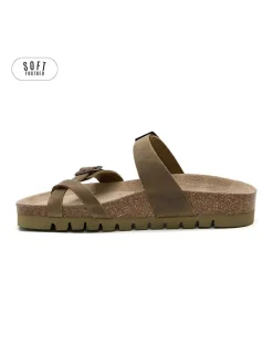 Leren teenslippers kaki