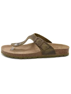 Leren teenslippers kaki