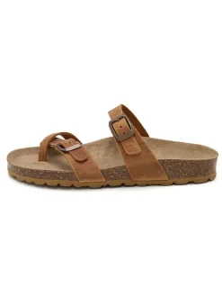 Leren teenslippers lichtbruin