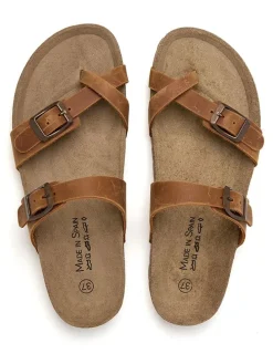 Leren teenslippers lichtbruin
