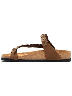 Leren teenslippers lichtbruin