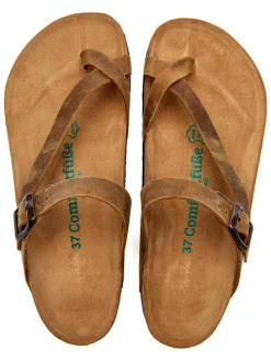 Leren teenslippers lichtbruin