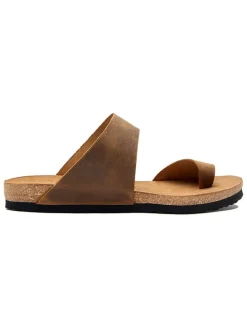 Leren teenslippers lichtbruin