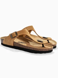 Leren teenslippers "Tulipe" lichtbruin