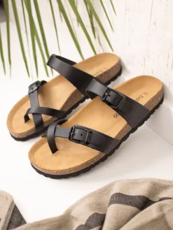 Leren teenslippers zwart