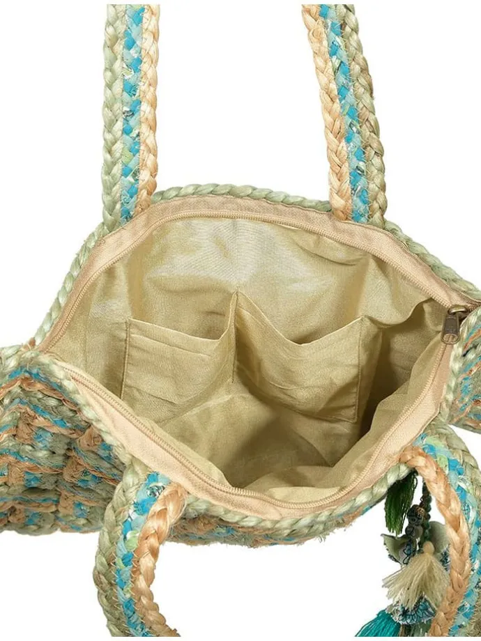 Schoudertas turquoise/beige - (B)40 x (H)40 x (D)3 cm