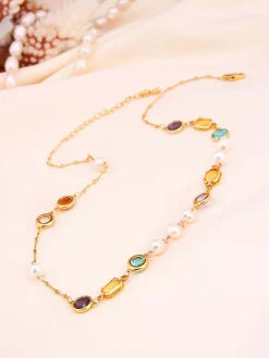 Vergulde ketting met edelstenen en parels - (L)50 cm